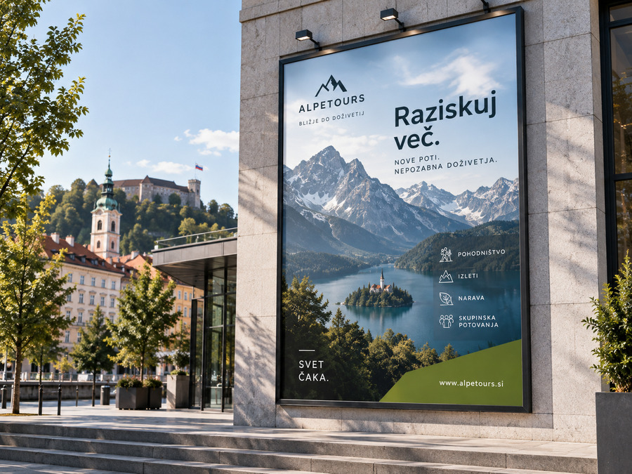 Velik osvetljen plakat na fasadi stavbe