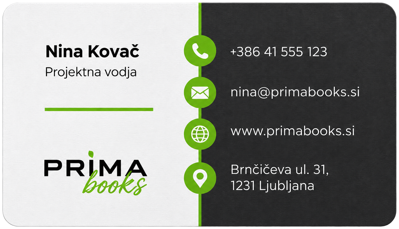 Premium vizitka Prima books z zelenimi ikonami